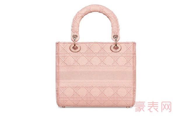 迪奥新款时尚玫瑰色藤格纹刺绣中号LADYD-LITE手提包背面展示图